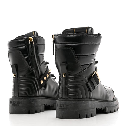 Valentino Garavani Calfskin Nylon Quilted Waterproof Rockstud Combat Boots 35.5 Black 4 of 10