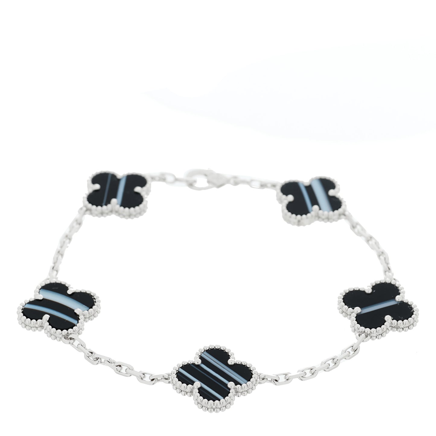 18K White Gold Veined Black Onyx 5 Motifs Vintage Alhambra Bracelet