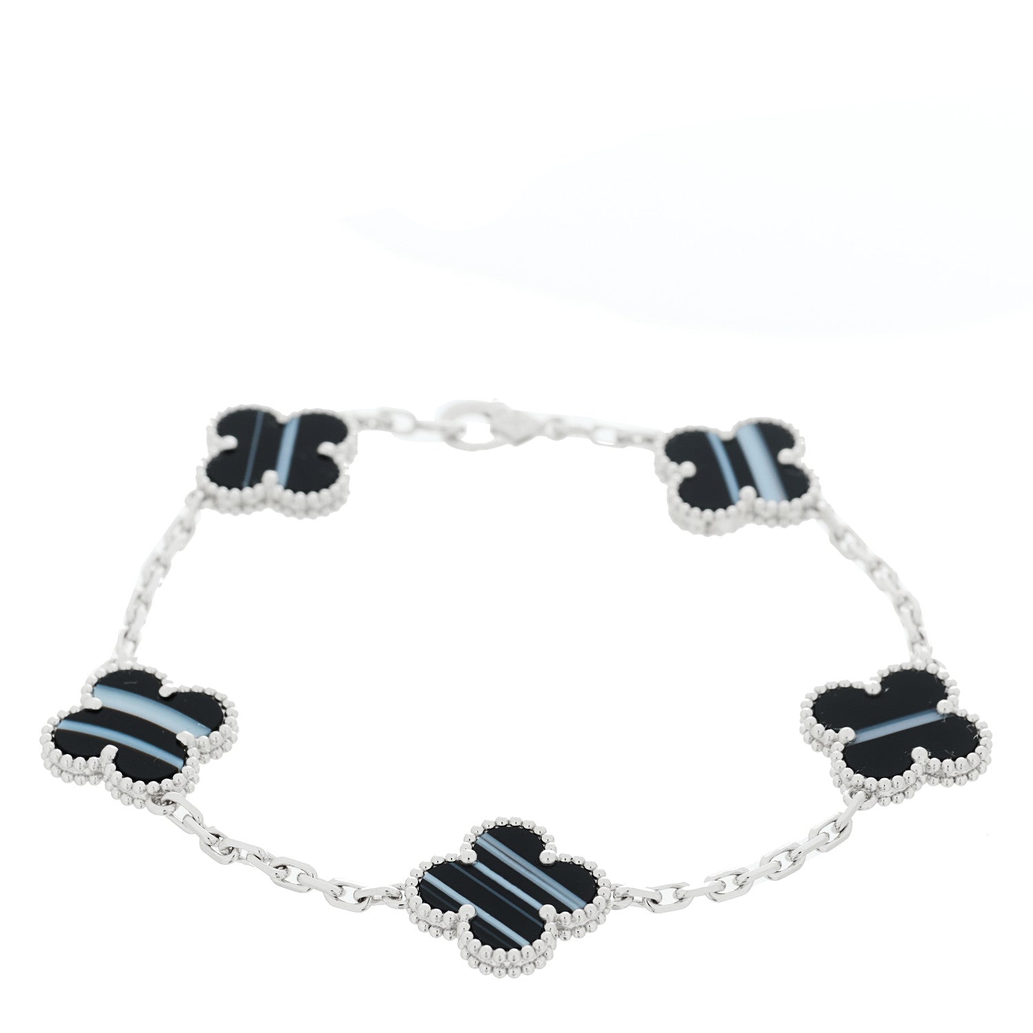 Van Cleef & Arpels 18K White Gold Veined Black Onyx 5 Motifs Vintage Alhambra Bracelet 1 of 5