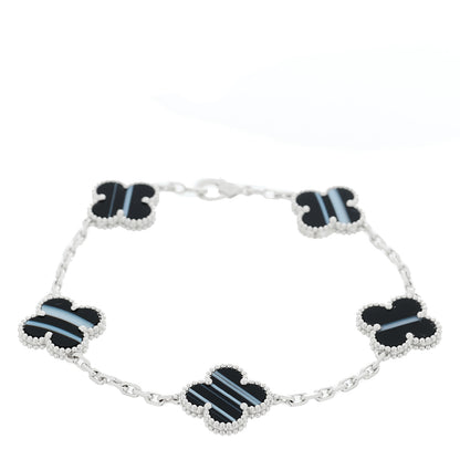 Van Cleef & Arpels 18K White Gold Veined Black Onyx 5 Motifs Vintage Alhambra Bracelet 1 of 5