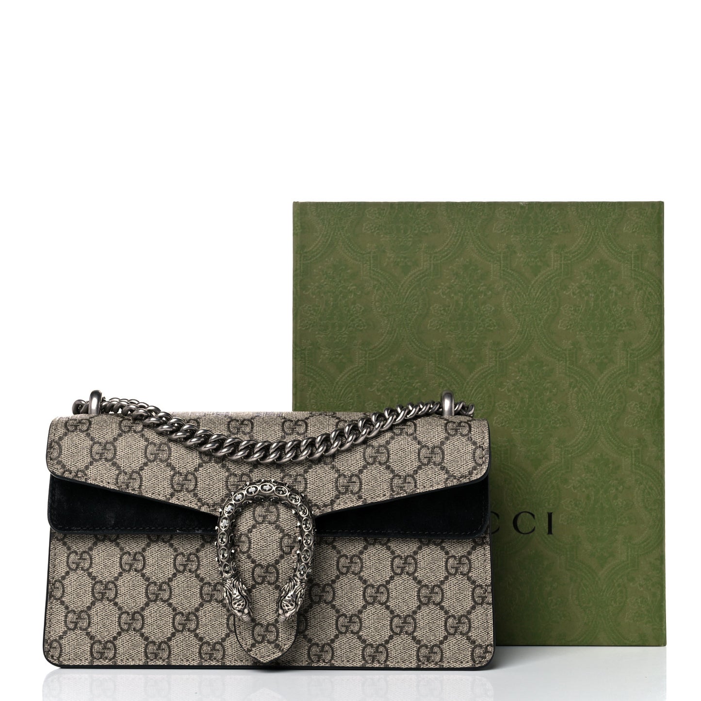 GG Supreme Monogram Suede Crystal Small Dionysus Shoulder Bag Beige Ebony Black