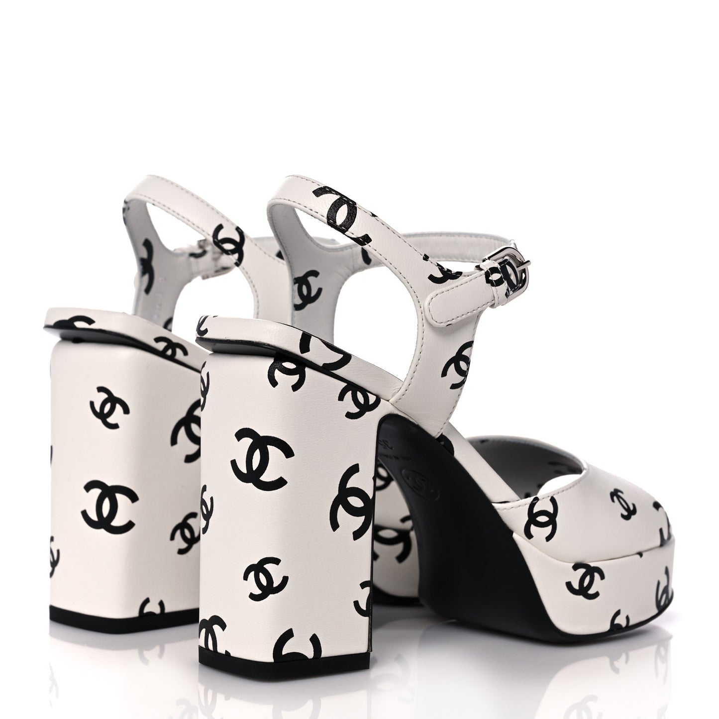 Printed Lambskin CC Platform Sandals 35 White Black