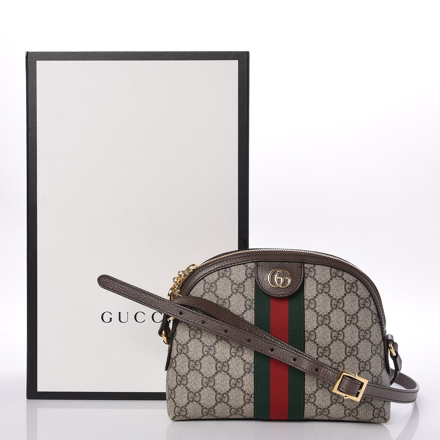 GG Supreme Monogram Textured Dollar Calfskin Web Small Ophidia Dome Shoulder Bag Beige Ebony New Acero
