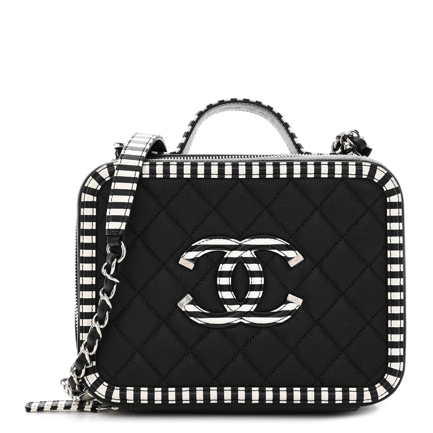 Caviar Quilted Striped Medium CC Filigree Vanity Case Black White