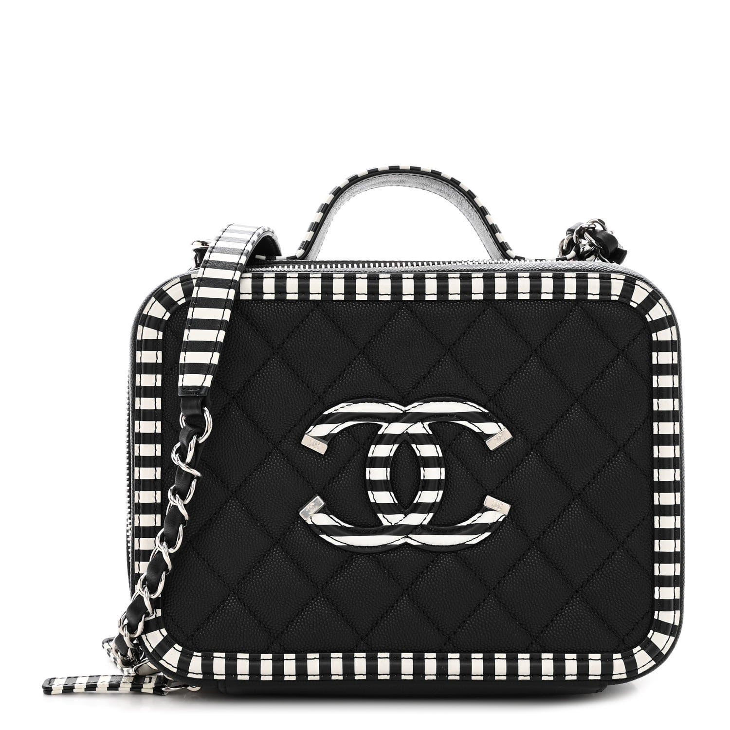 Chanel Caviar Quilted Striped Medium CC Filigree Vanity Case Black White 1 of 10