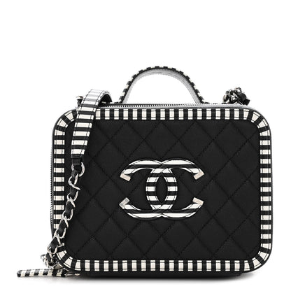 Chanel Caviar Quilted Striped Medium CC Filigree Vanity Case Black White 1 of 10