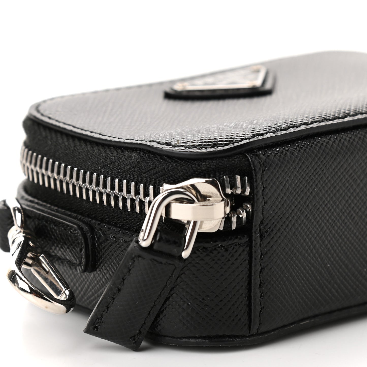 Saffiano Travel Metal Triangle Logo Mini Pouch Shoulder Bag Black
