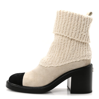 Chanel Suede Knit Boots 38.5 Ivory Light Gray Black 1 of 8