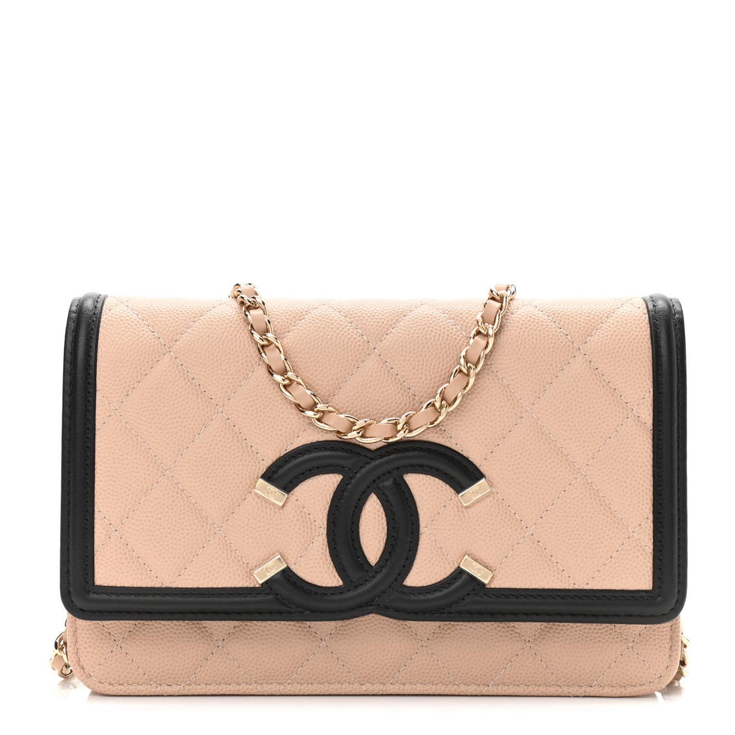 Caviar Quilted CC Filigree Wallet On Chain WOC Beige Black