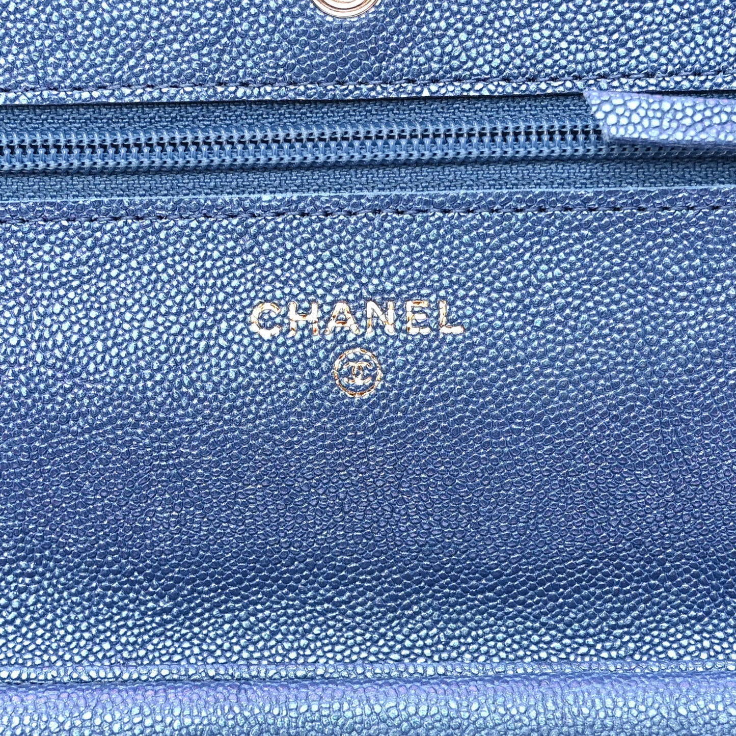 Iridescent Caviar Quilted Wallet on Chain WOC Dark Blue