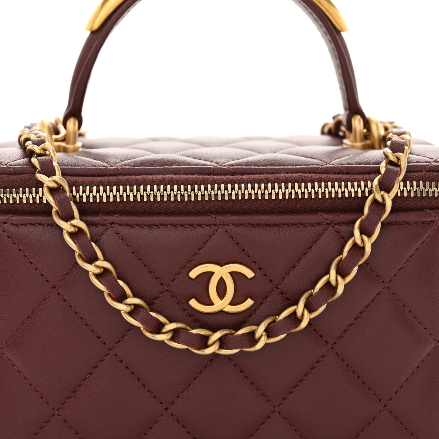 Lambskin Quilted Metal Small Top Handle Vanity Case With Chain Burgundy