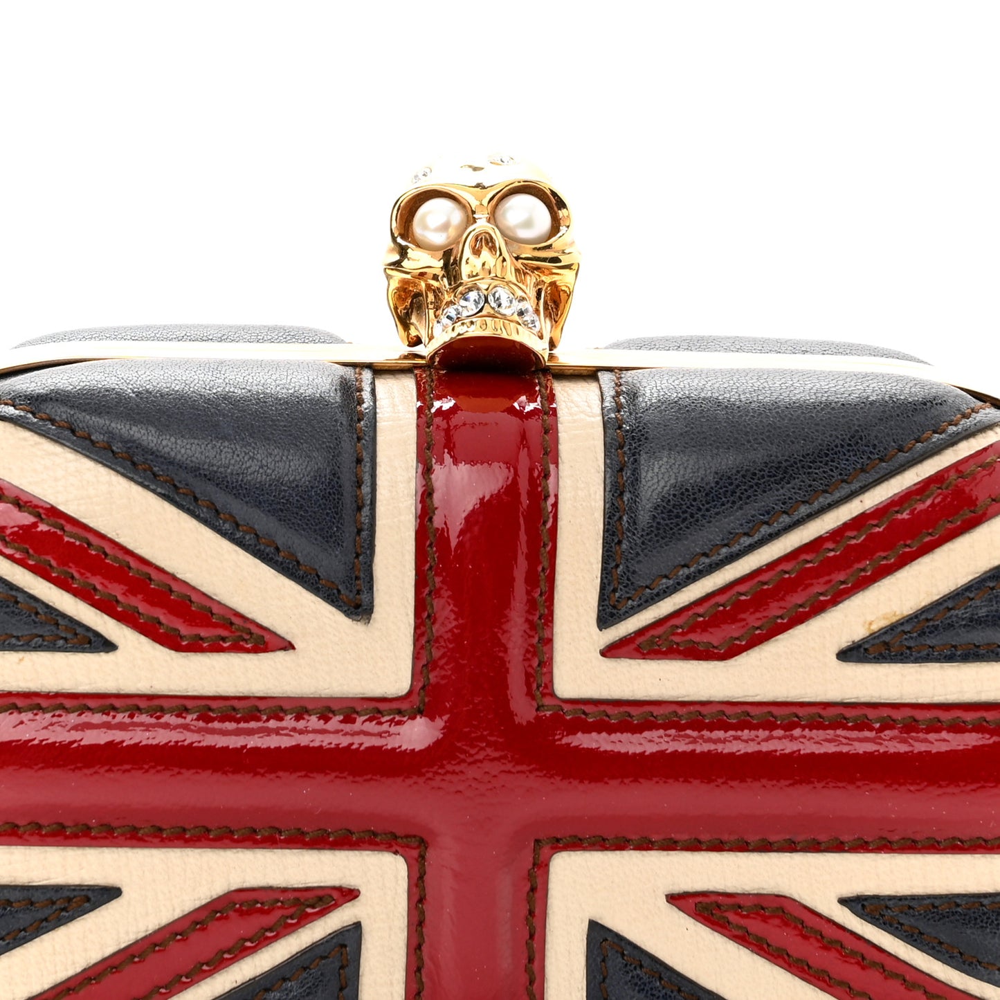 Patent Calfskin Britannia Skull Box Clutch Red Blue