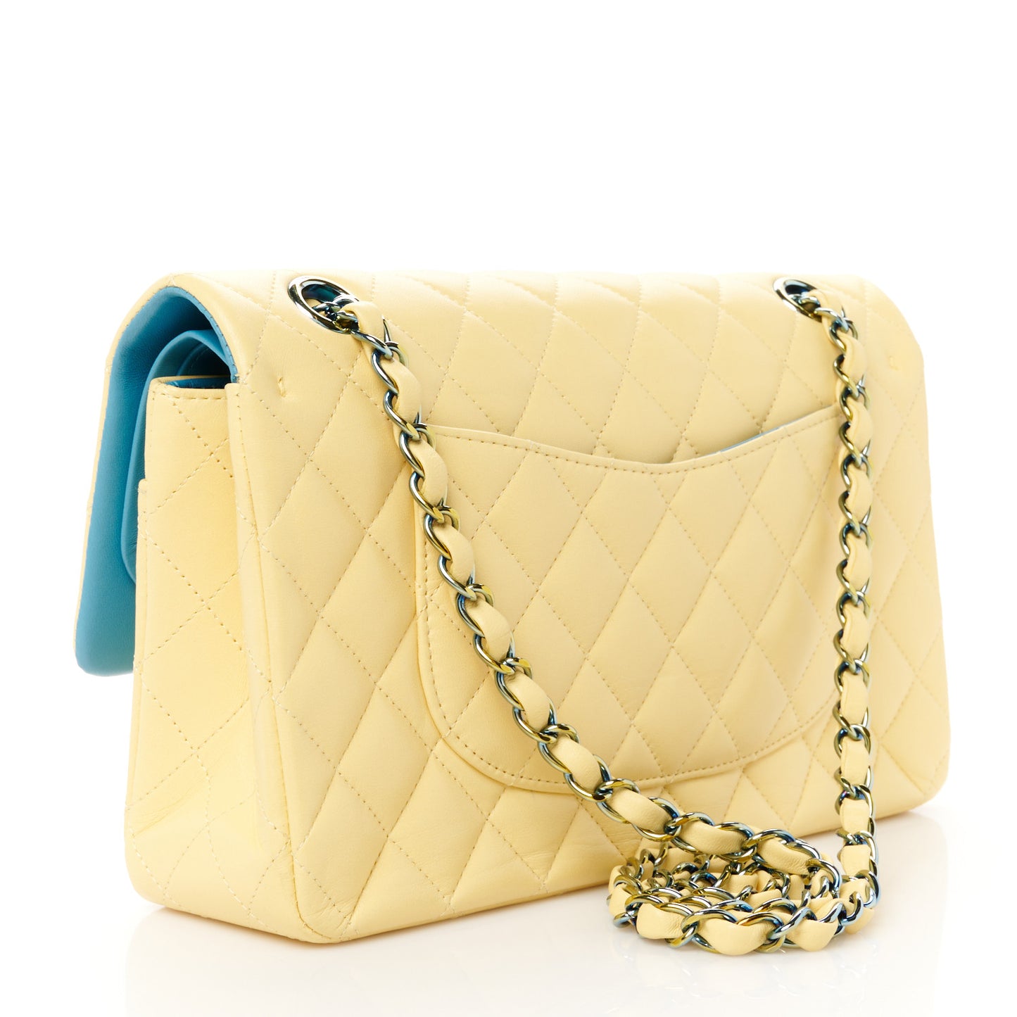 Lambskin Quilted Medium Double Flap Yellow Blue