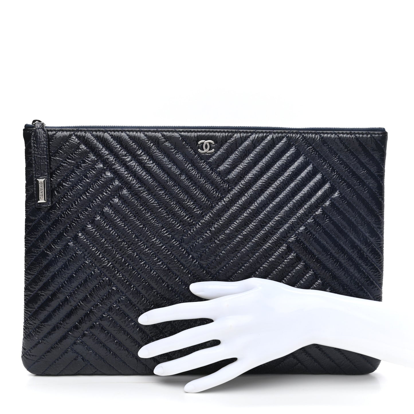 Distressed Patent Chevron Quilted Medium CC Crossing Cosmetic Case Navy