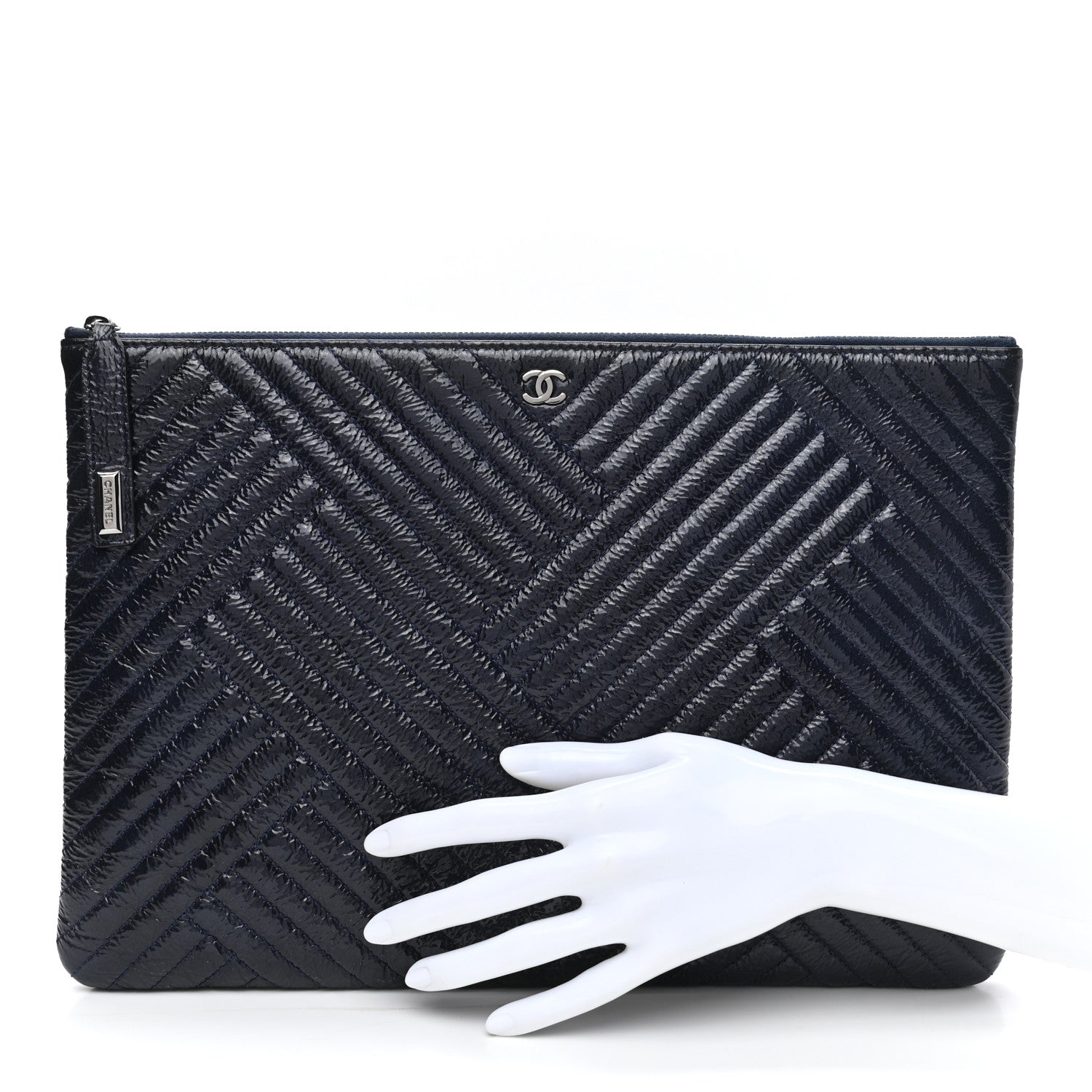 Chanel Distressed Patent Chevron Quilted Medium CC Crossing Cosmetic Case Navy 2 of 8