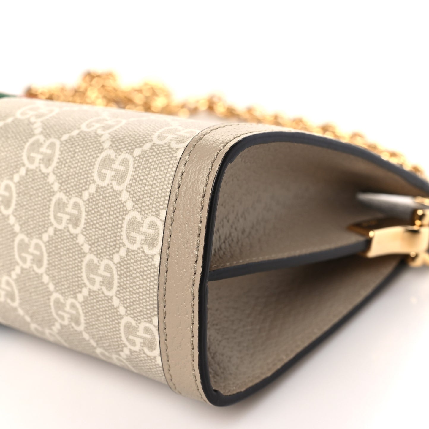 GG Supreme Monogram Textured Dollar Calfskin Web Small Ophidia Chain Shoulder Bag Beige Mystic White Oatmeal