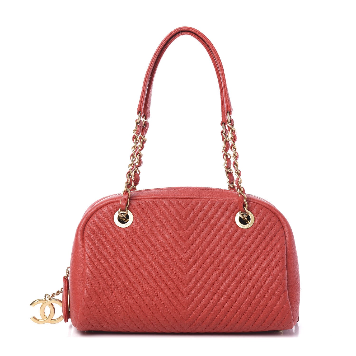 Chanel Wrinkled Lambskin Chevron Quilted Surpique Bowler Red 1 of 9