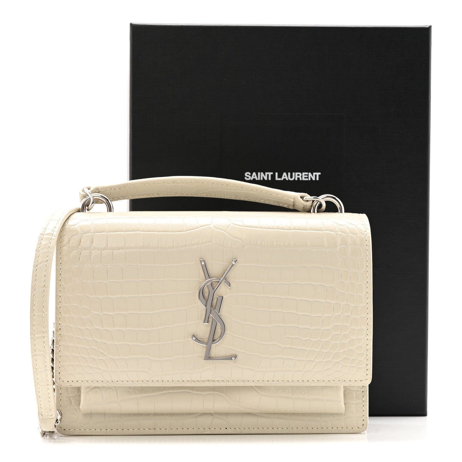 Saint Laurent Calfskin Crocodile Embossed Monogram Sunset Chain Wallet Blanc Vintage 13 of 13