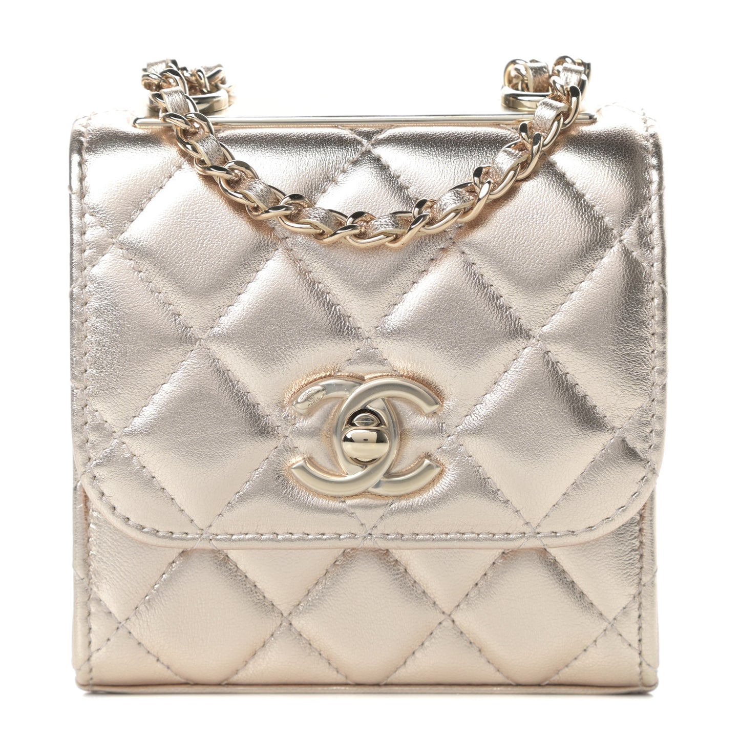 Metallic Lambskin Quilted Mini Trendy CC Clutch With Chain Gold
