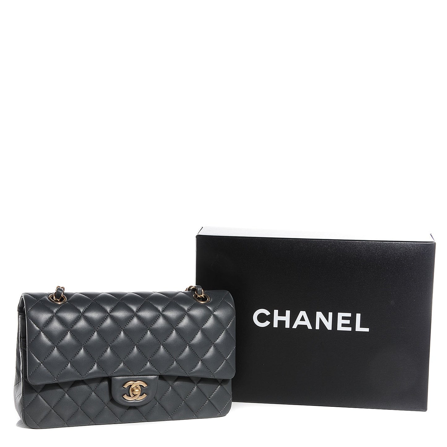 Lambskin Quilted Medium Double Flap Charcoal Grey