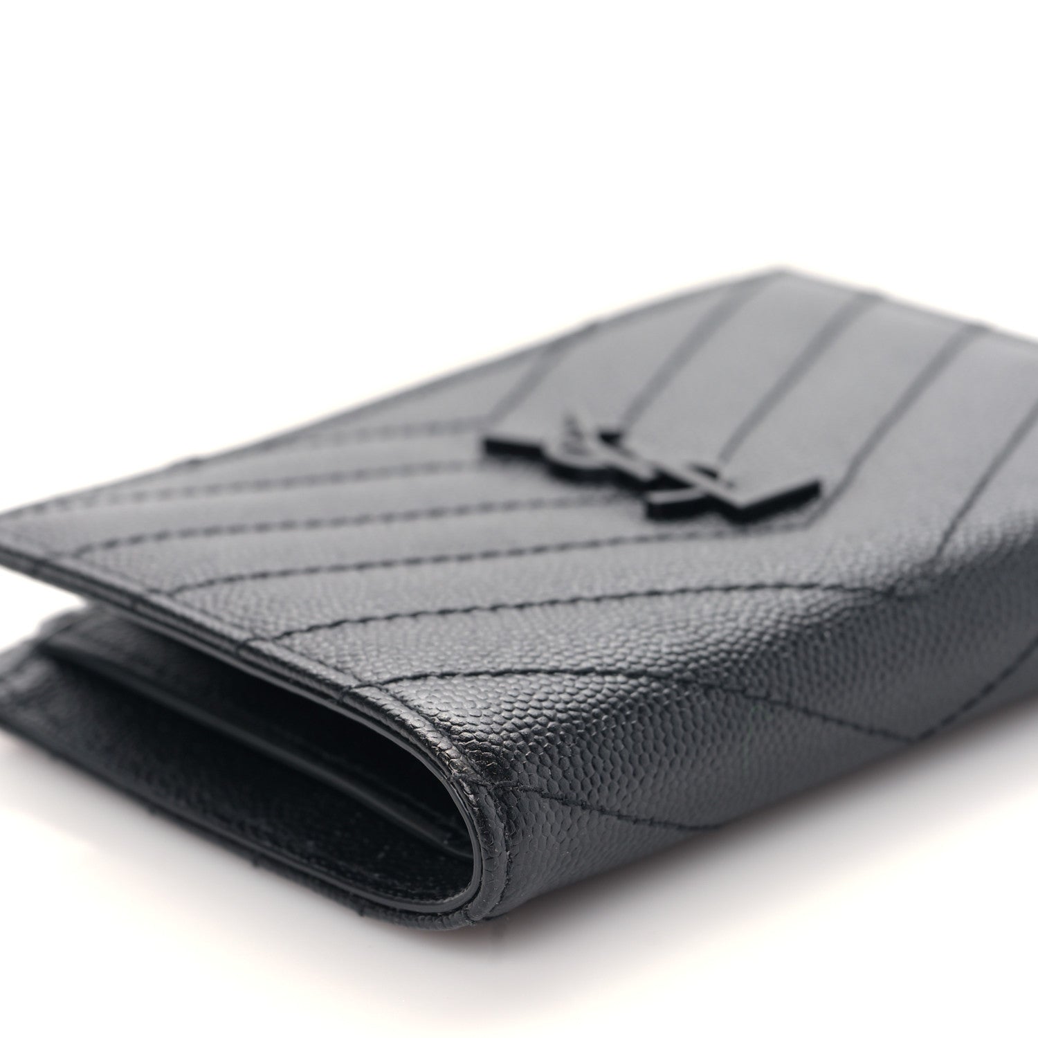 Saint Laurent Grain De Poudre Matelasse Chevron Cassandre Fragments Zippered Bi-Fold Wallet Black 7 of 9