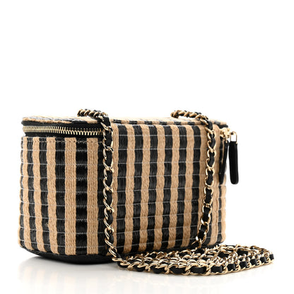 Chanel Raffia Jute Striped Small Vanity Case With Chain Black Beige 3 of 10
