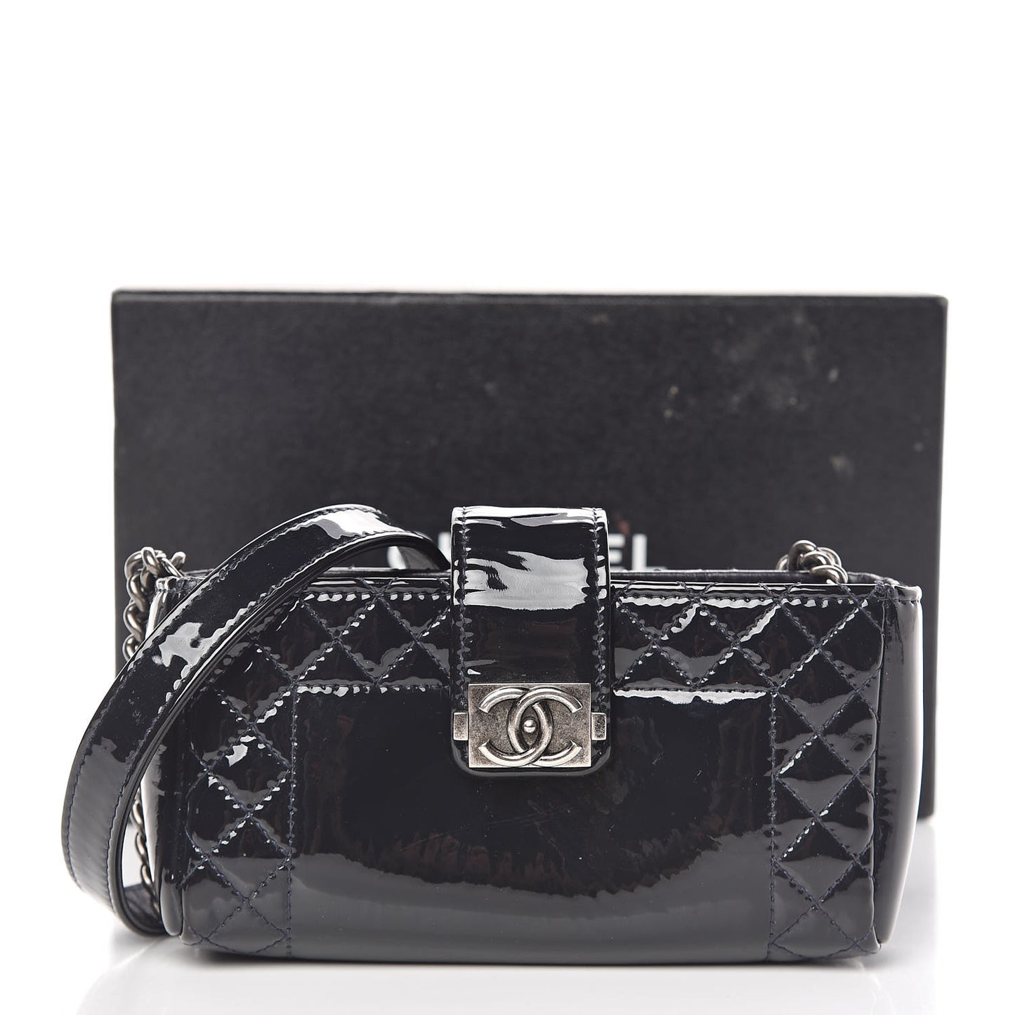 Patent Mini Boy Reverso Phone Holder Crossbody Navy