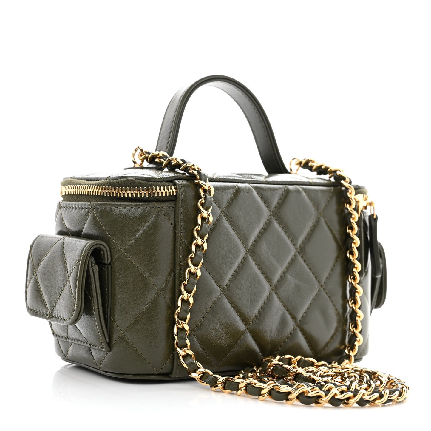 Lambskin Quilted Polly Pocket East West Top Vanity With Chain Khaki