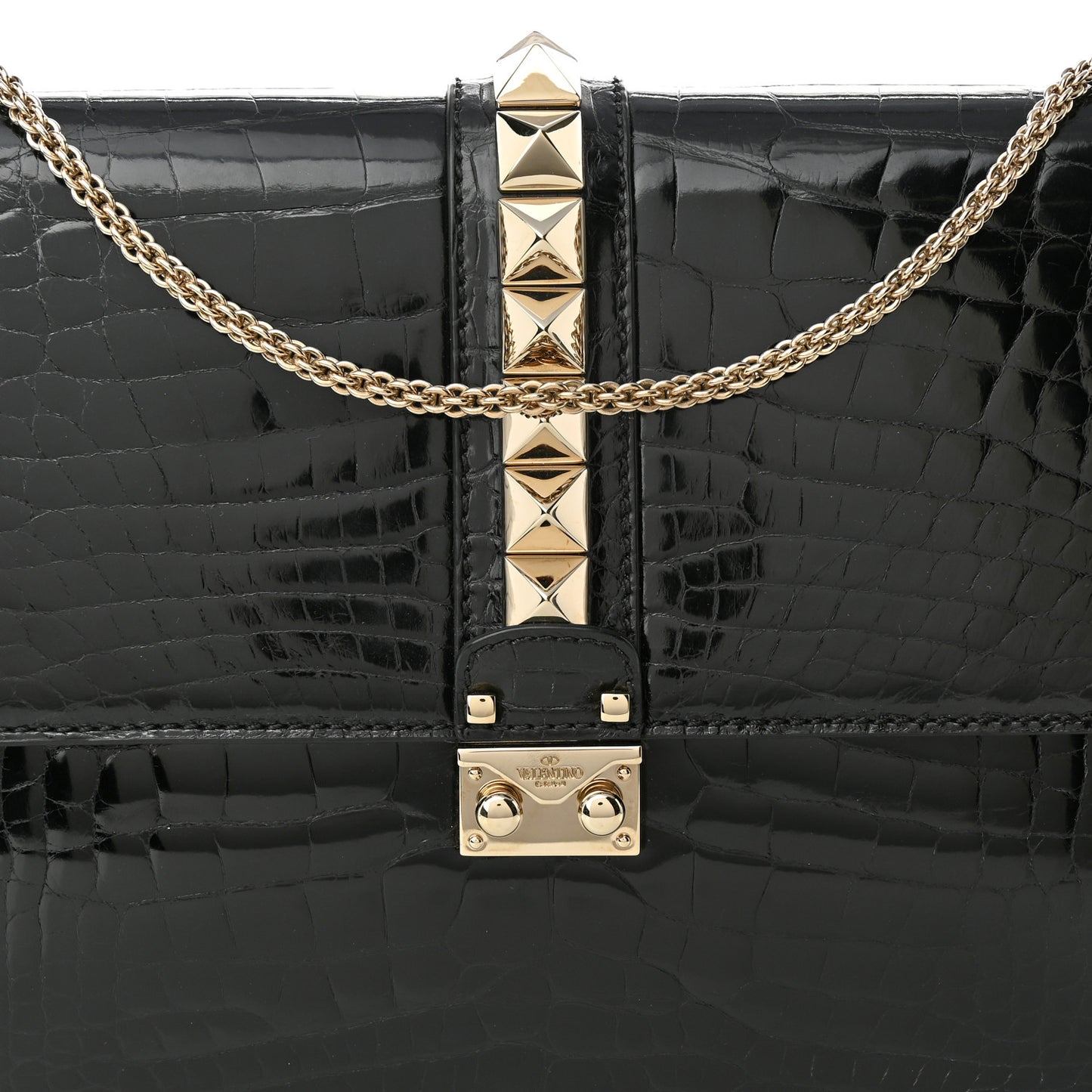 Patent Crocodile Embossed Large Glam Lock Rockstud Flap Black