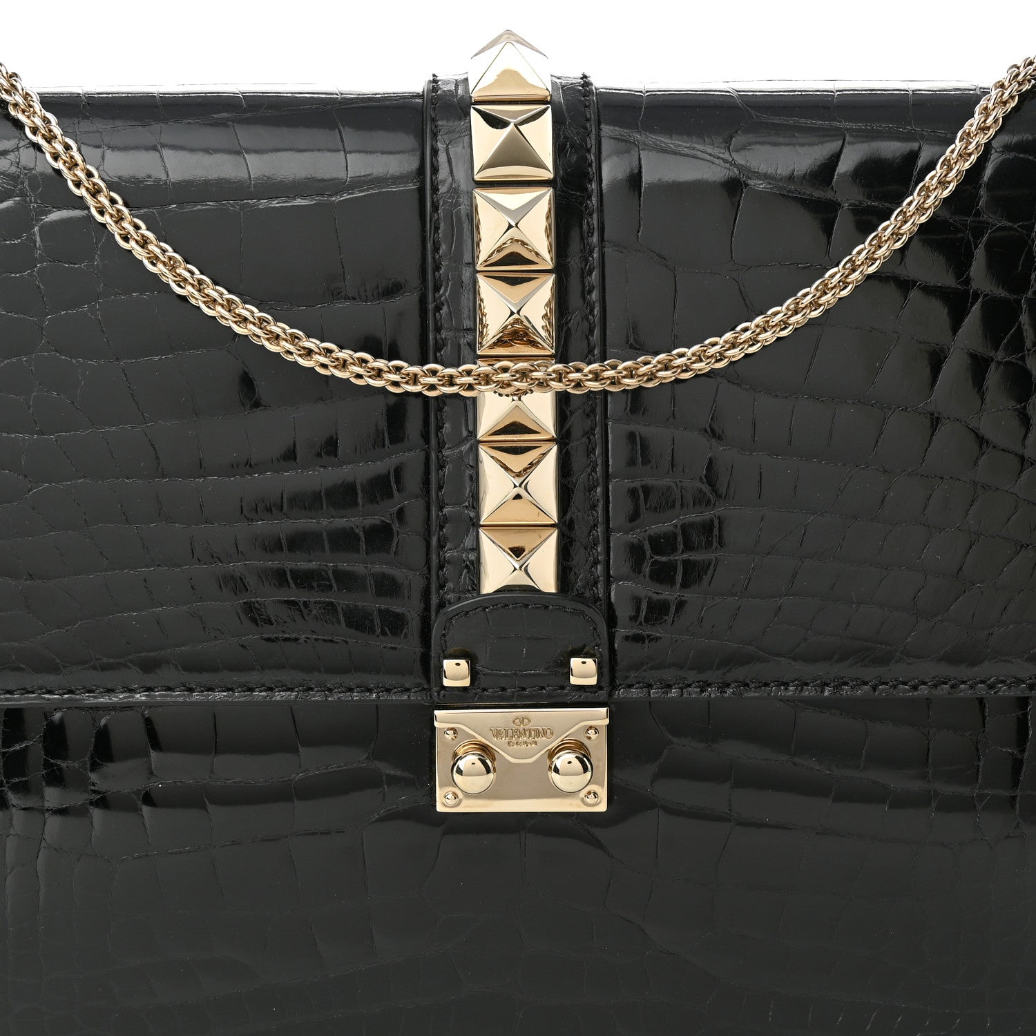 Valentino Garavani Patent Crocodile Embossed Large Glam Lock Rockstud Flap Black 7 of 9