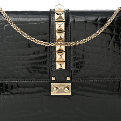 Valentino Garavani Patent Crocodile Embossed Large Glam Lock Rockstud Flap Black 7 of 9