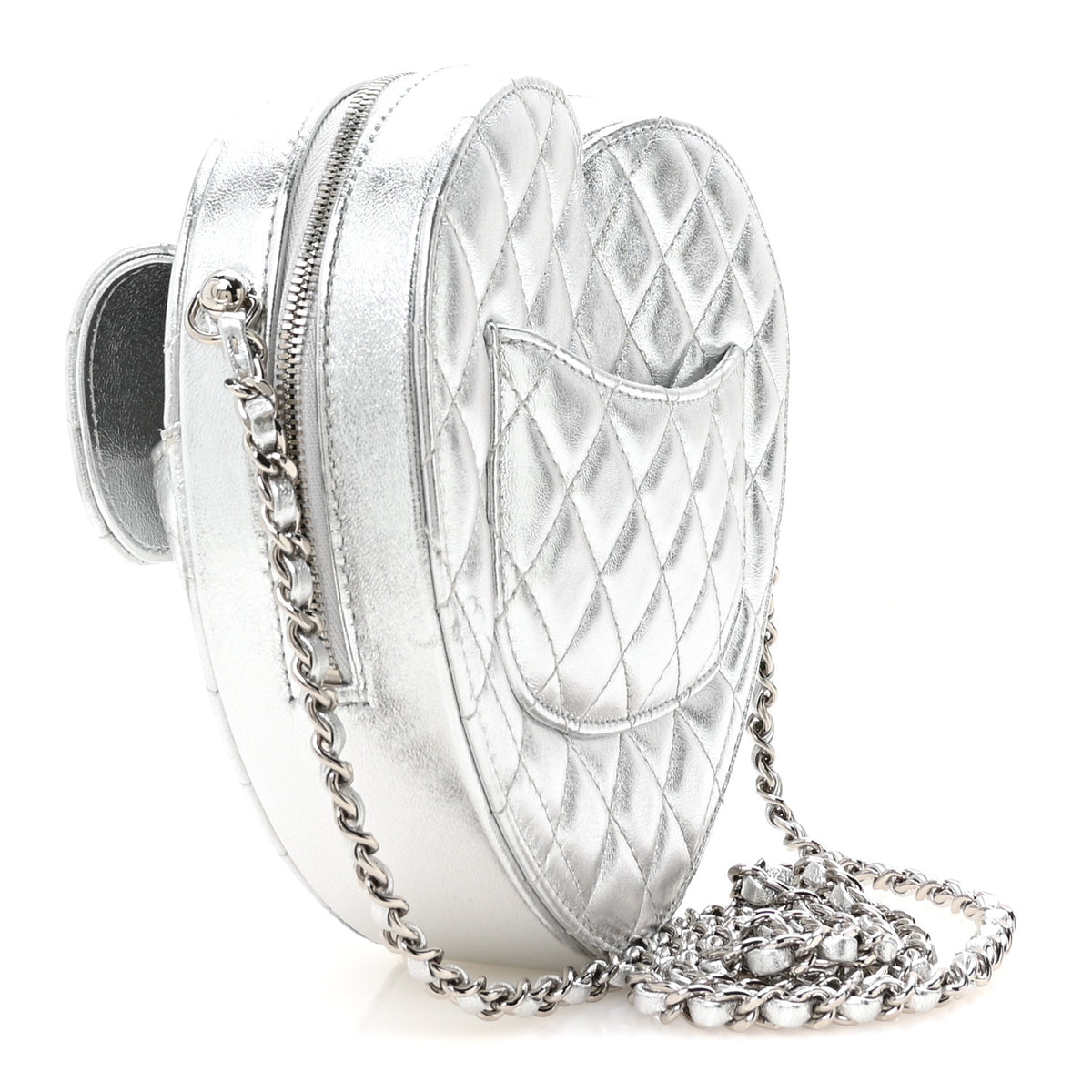 Metallic Lambskin Quilted Large CC In Love Heart Bag Silver