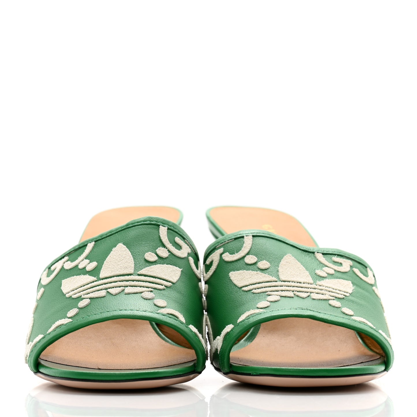 X ADIDAS Nappa Charlotte Suede Monogram Jumbo GG Trefoil 75mm Slide Sandals 36 New Shamarock Ivoire