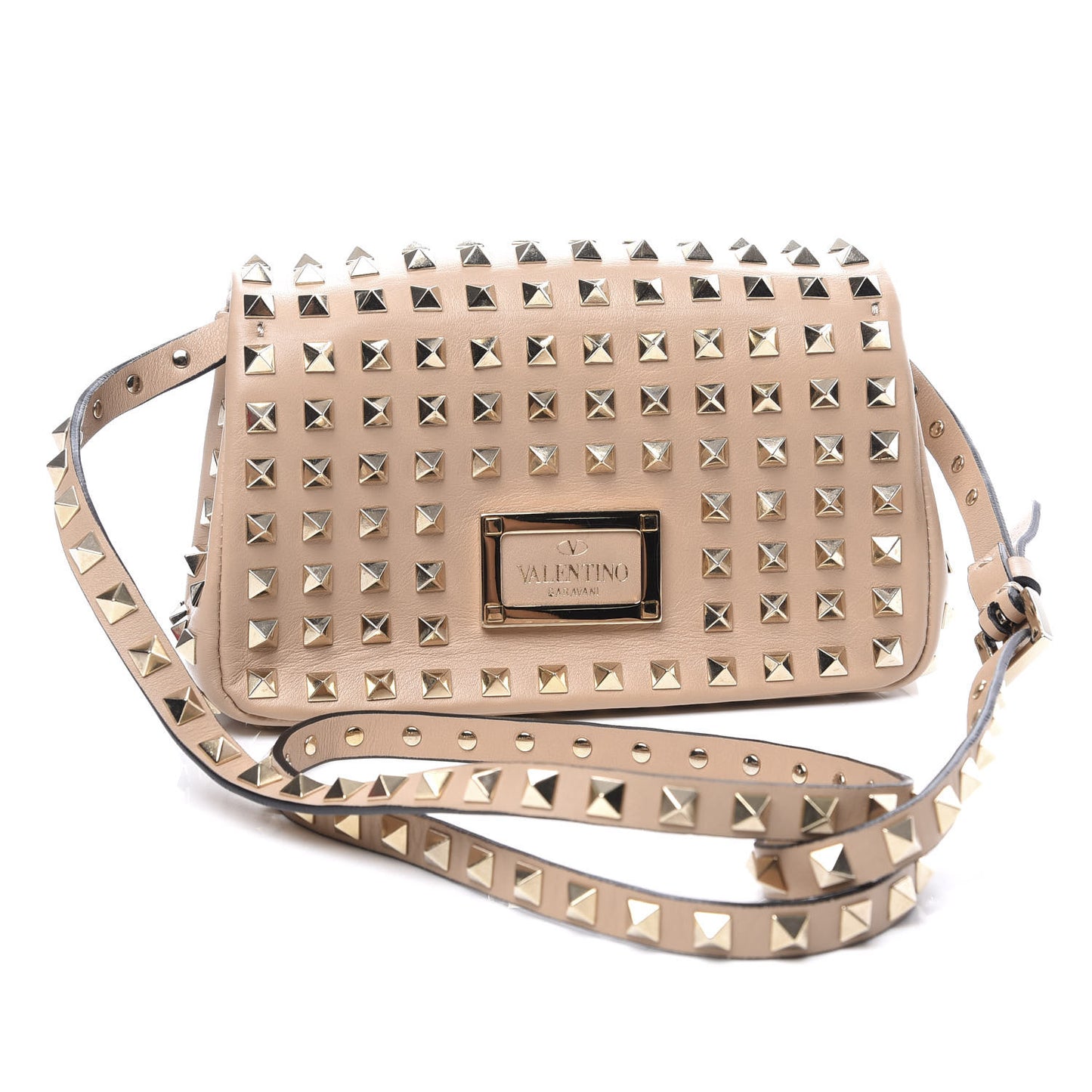 Vitello Mini Rockstud All Over Flap Saddle Crossbody Bag Rose Cannelle