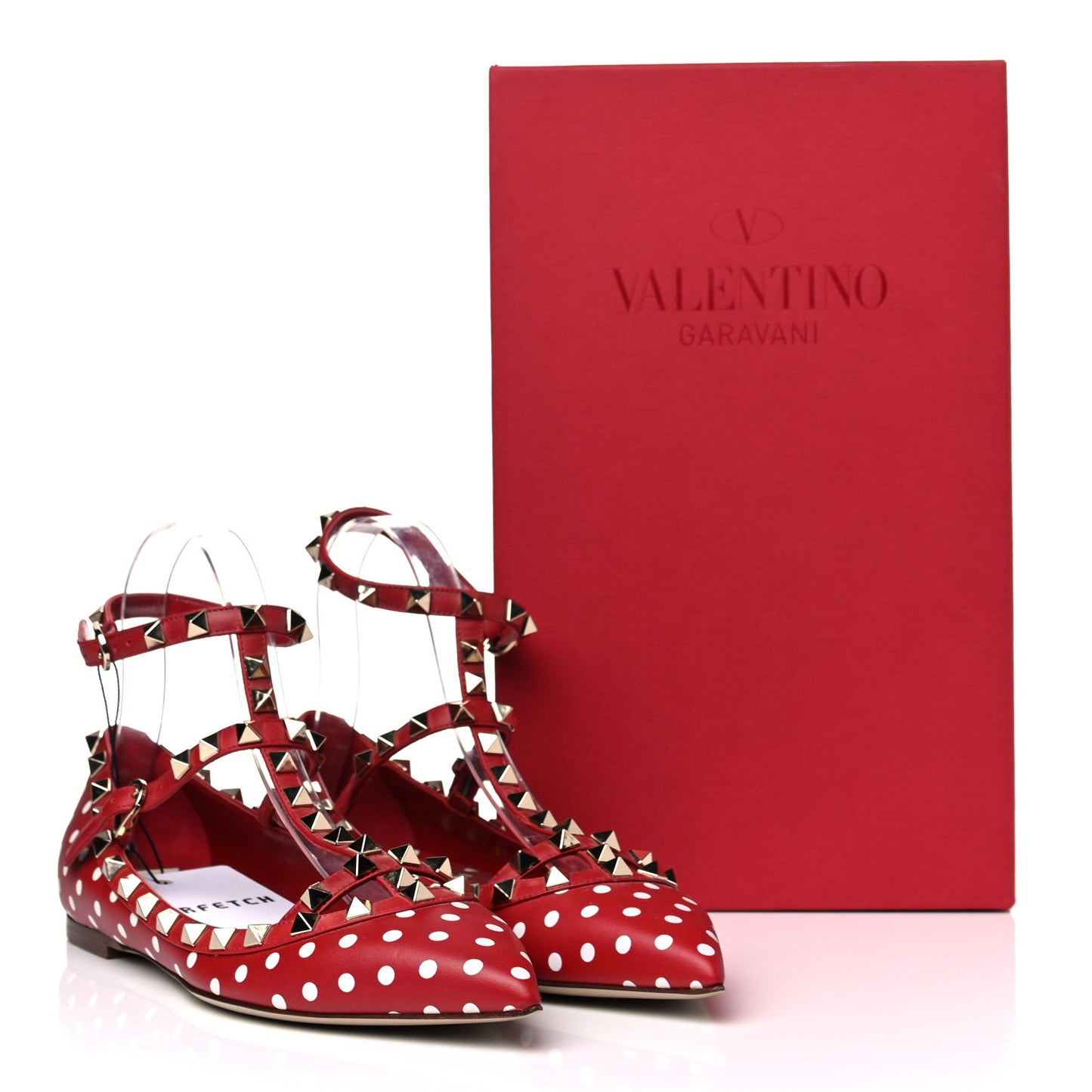 Calfskin Polka Dot Print Rockstud Cage Ballerina Flats 37.5 Red White