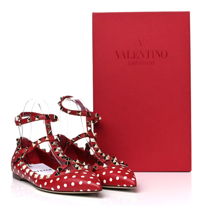 Valentino Garavani Calfskin Polka Dot Print Rockstud Cage Ballerina Flats 37.5 Red White 11 of 11