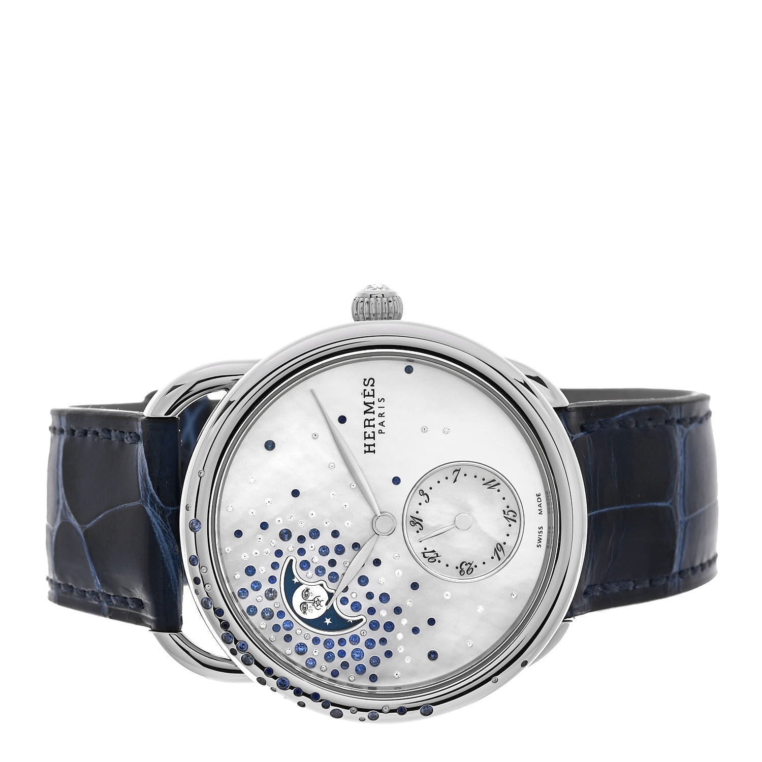 Hermes Stainless Steel Alligator Diamond Blue Sapphire Mother of Pearl 38mm Arceau Petite Lune Automatic Watch Bleu Saphir 2 of 5