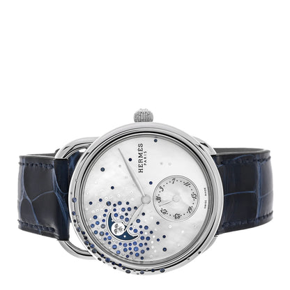 Hermes Stainless Steel Alligator Diamond Blue Sapphire Mother of Pearl 38mm Arceau Petite Lune Automatic Watch Bleu Saphir 2 of 5