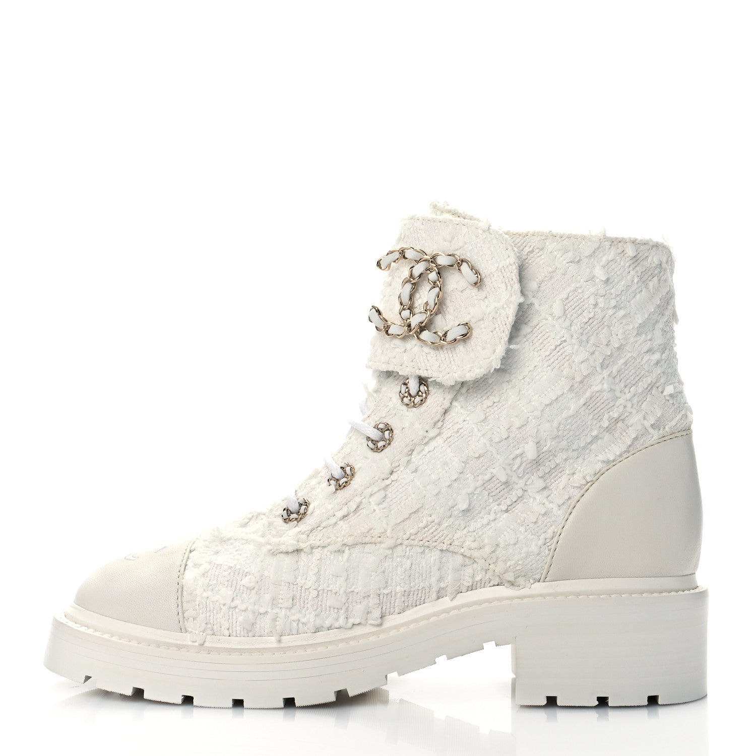 Chanel Tweed Lambskin Quilted Lace Up Combat Boots 39 White 1 of 9