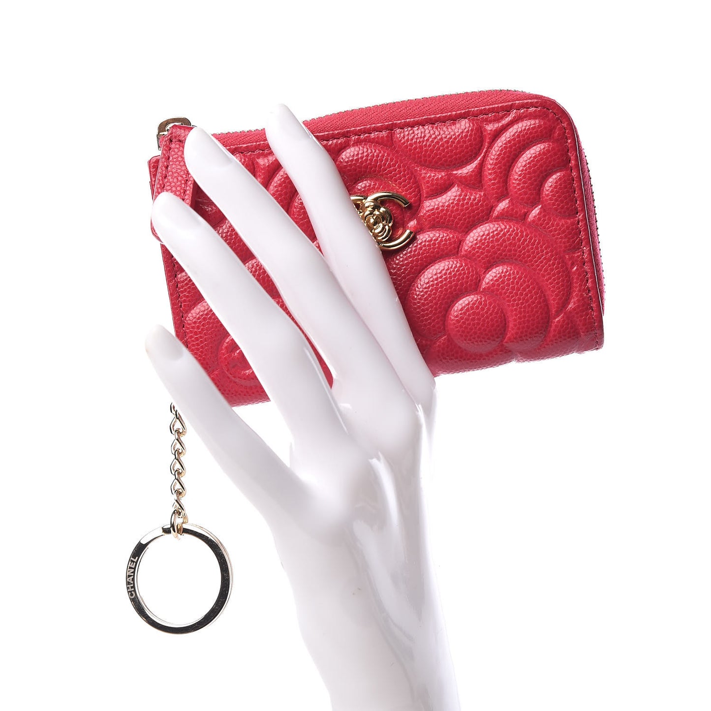 Caviar Camellia Embossed Key Holder Case Fuchsia