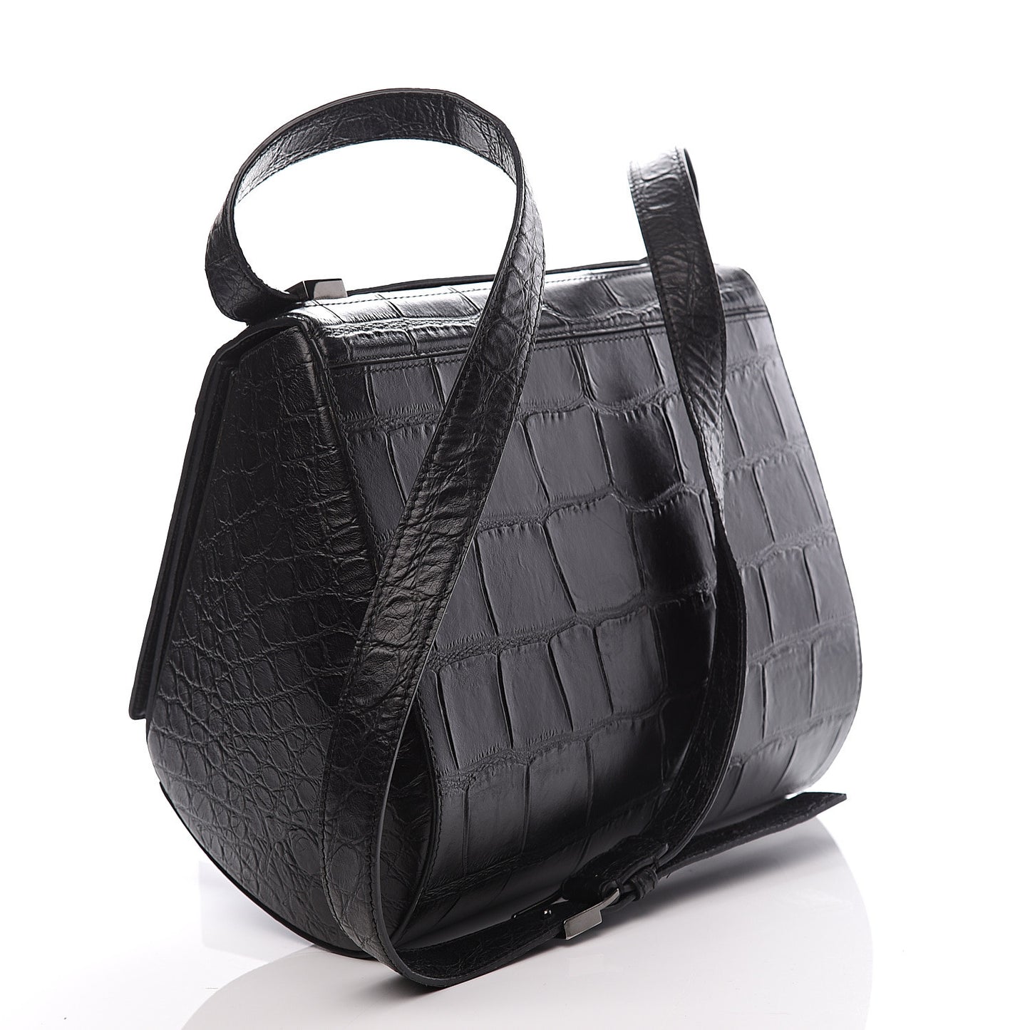 Calfskin Crocodile Embossed Medium Pandora Box Crossbody Bag Black