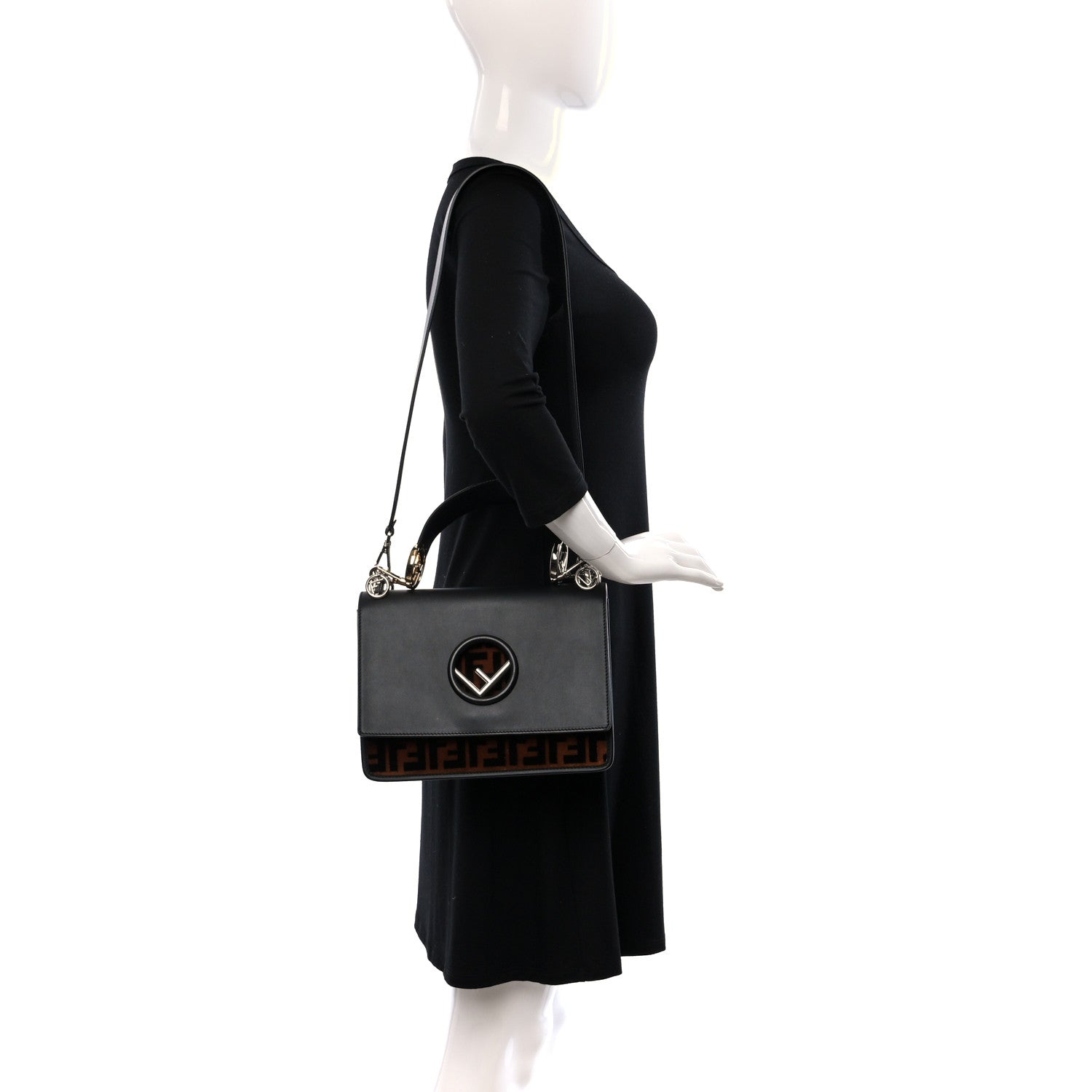 Fendi Vitello Century Velvet F is Fendi FF Kan I Shoulder Bag Black Tobacco 2 of 9