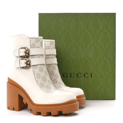 Gucci Kensington Calfskin Nappa GG Supreme Monogram Womens Double Buckle Ankle Boots 38.5 Mystic White Beige 9 of 9