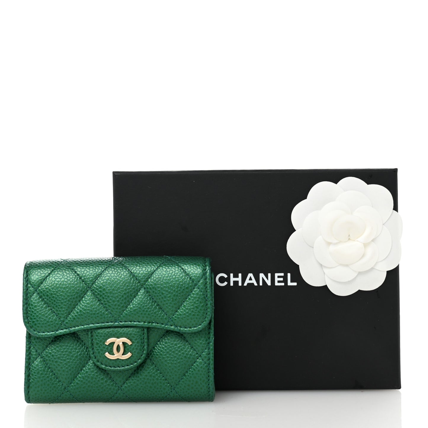 Metallic Caviar Quilted Flap Card Holder Wallet Green