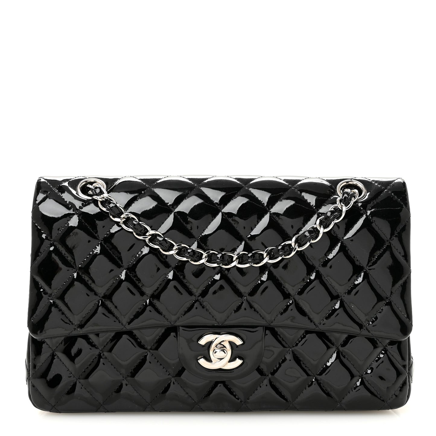 Patent Quilted Medium Double Flap Black