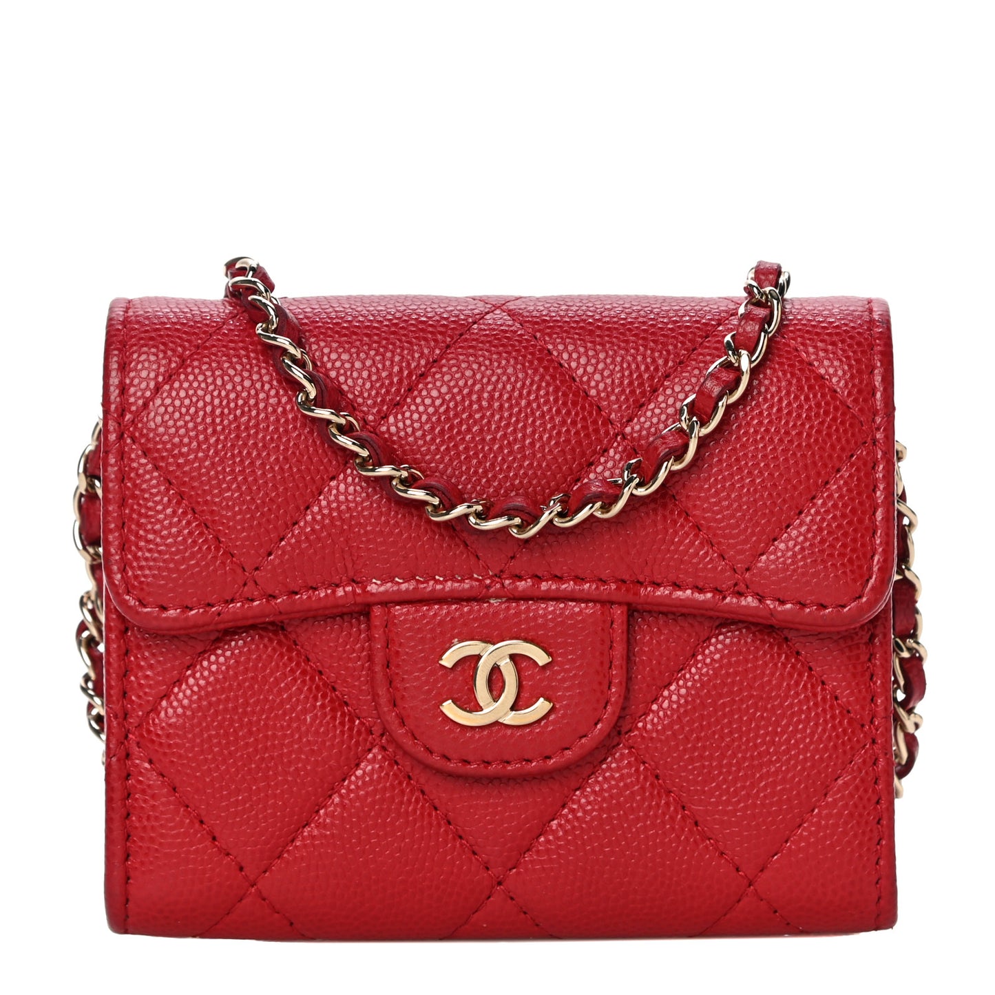 Caviar Quilted Flap Card Holder On Chain Red