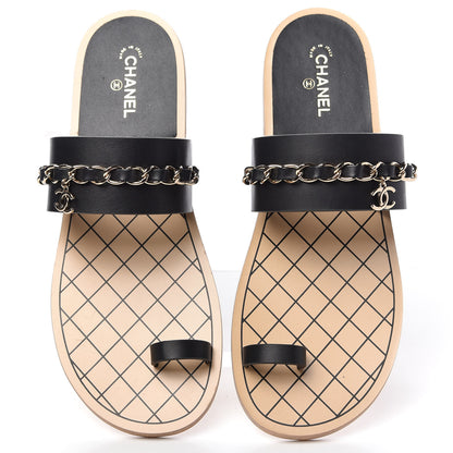 Chanel Calfskin Chain CC Logo Toe Ring Sandals 39 Black 5 of 8