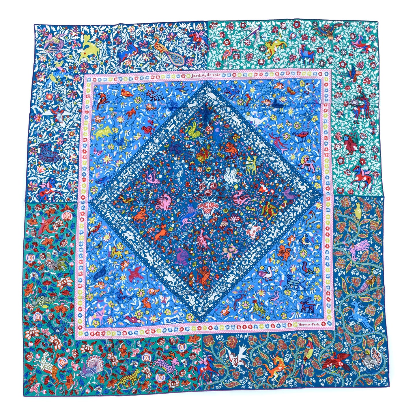 Cashmere Silk Jardins De Soie Shawl 140 Bleu Vert Rose