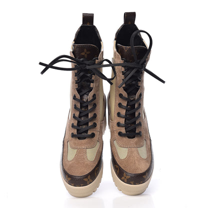 Louis Vuitton Suede Calfskin Monogram Laureate Platform Desert Boots 35.5 Beige 11 of 12