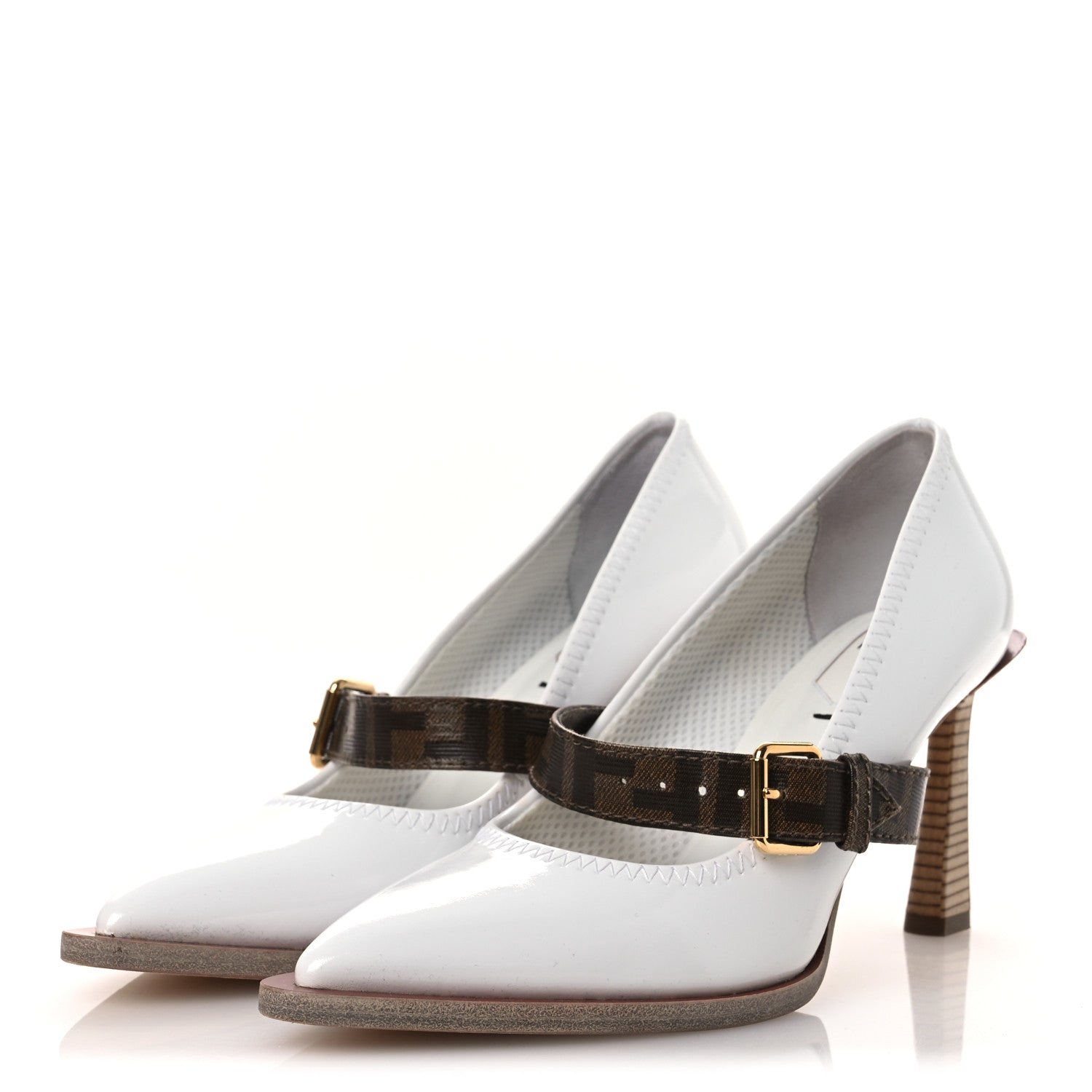 Fendi Glossy Neoprene Glazed Fabric FF FFrame Court Mary Jane Pumps 39 White Tobacco Moro 4 of 11